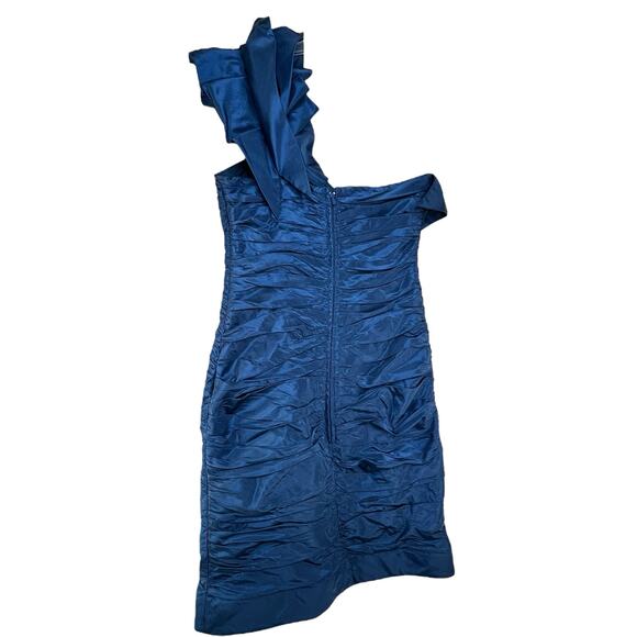 Teri Jon by Rickie Freeman Asymmetric Bodycon Mini Dress Size 2 Blue Silk HOCO - Picture 4 of 6